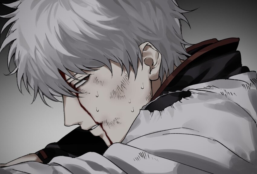 1boy, black_shirt, blood, blood_on_face, collared_shirt, dirty, dirty_face, from_side, gintama, gradient_background, ichigo1010, injury, japanese_clothes, kimono, looking_back, male_focus, parted_lips, profile, red_eyes, red_shirt, sakata_gintoki, shirt, short_sleeves, solo, sweat, torn_clothes, white_hair, white_kimono