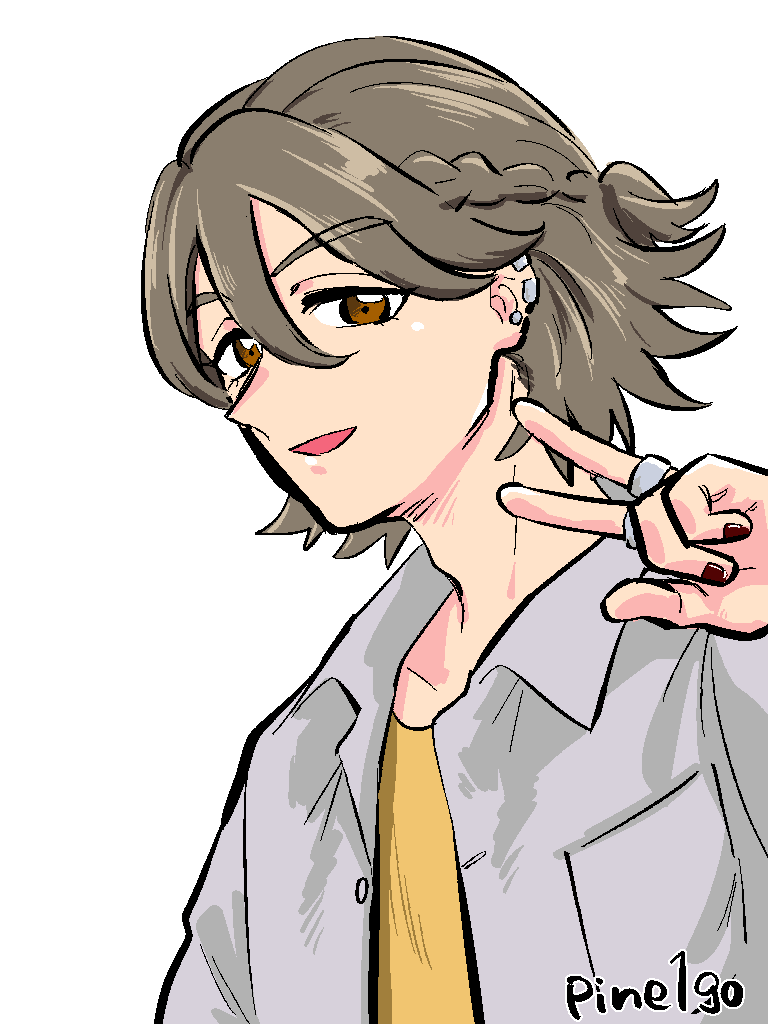 1boy, braid, brown_eyes, collarbone, earrings, hair_between_eyes, half_up_bun, jewelry