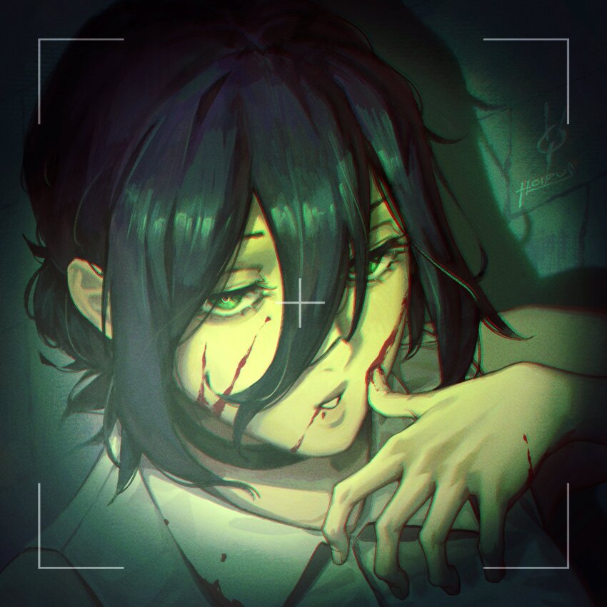 1girl, artist_name, blood, blood_on_face, blue_hair, chainsaw_man, collared_shirt, green_eyes