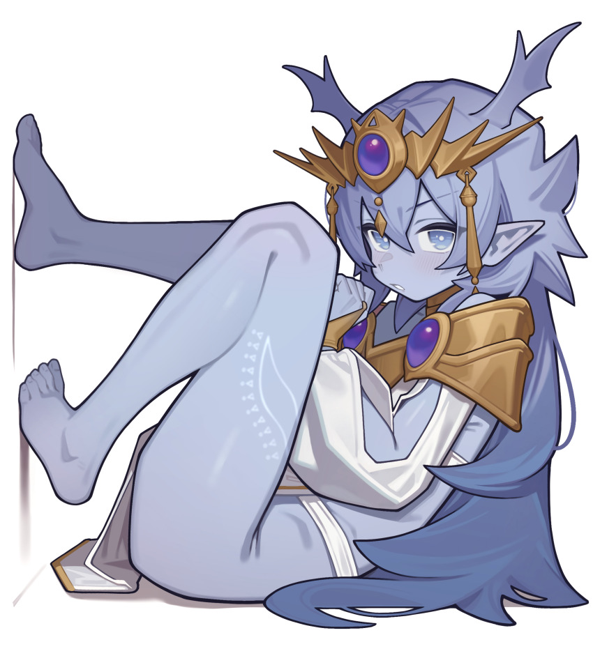 1girl, absurdres, barefoot, blue_eyes, blue_hair, blue_horns, blue_skin, bright_pupils, colored_skin, commentary, dominus_impulse, duel_monster, feet, hair_between_eyes, highres, horns, legs, long_hair, long_sleeves, pointy_ears, simple_background, solo, untranslatable_commentary, thighs, toes, wepwawet, white_background, white_pupils, yu-gi-oh!