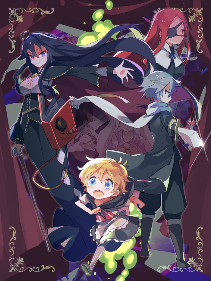 1boy, 1other, 5girls, aged_down, aunt_and_niece, black_cape, black_dress, black_hair