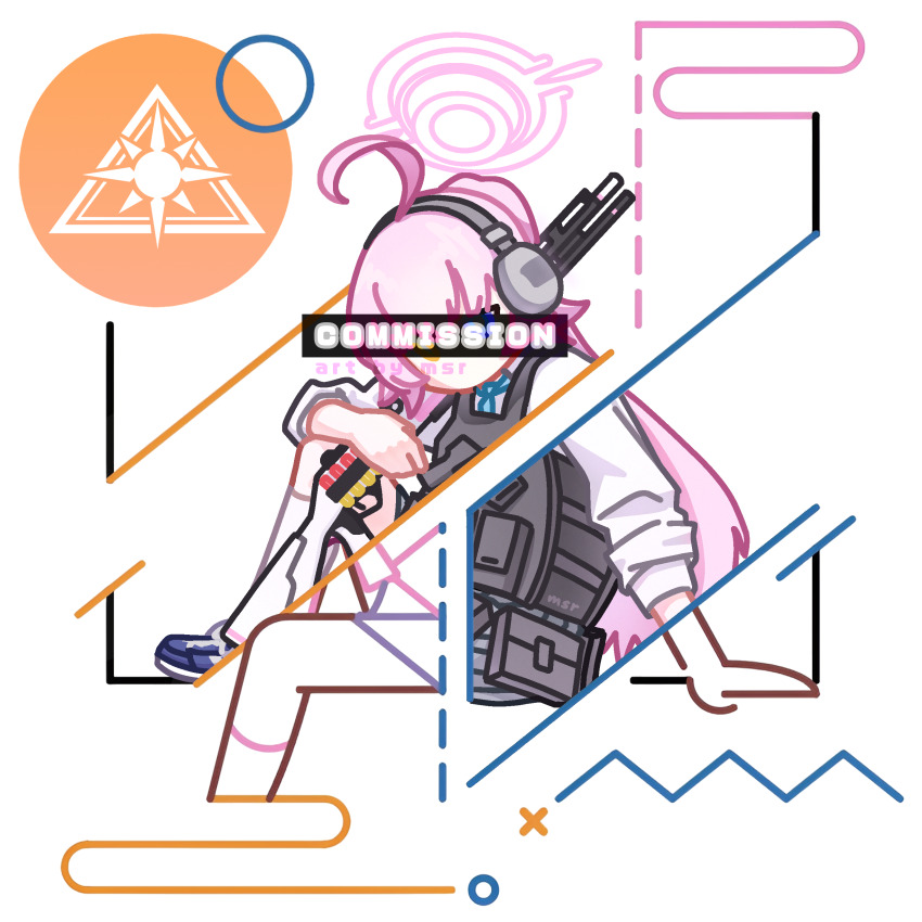 1girl, absurdres, abydos_high_school_logo, ahoge, ammunition, arm_support, artist_name, beretta_1301