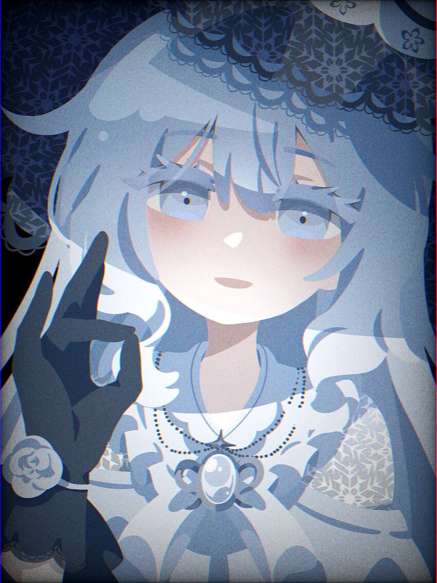 1girl, black_gloves, blue_eyes, flower, gloves, hair_between_eyes, hand_up, hashtag-only_commentary