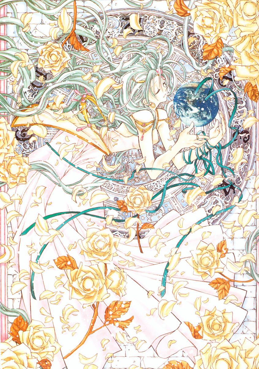 1990s_(style), 1girl, aqua_hair, artbook, bare_shoulders, closed_eyes, dress, earrings, earth_(planet), female_focus, floating_hair, flower, gown, highres, jewelry, leaf, long_hair, official_art, petals, planet, princess_ui, retro_artstyle, ribbon, ring, rose, rose_petals, solo, suomi_ui, tanemura_arina, tiara, time_stranger_kyoko, traditional_media, white_dress, white_flower, white_rose, wind, yellow_flower, yellow_rose