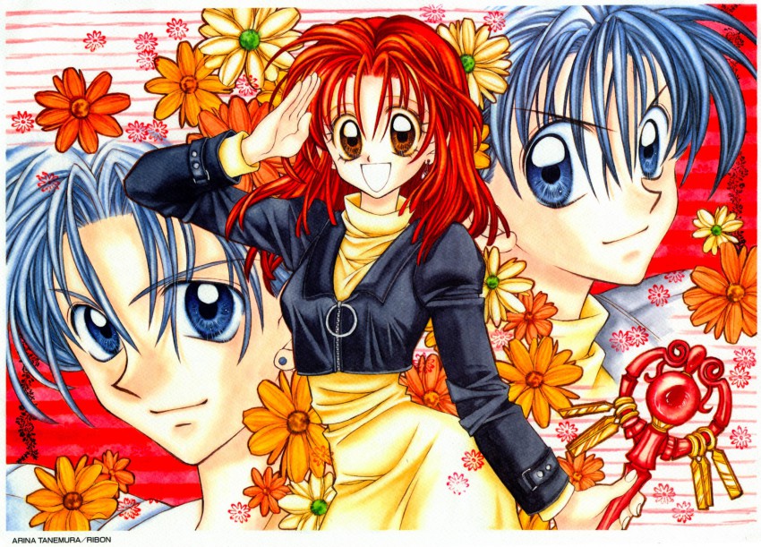 1990s_(style), 1girl, 2boys, :d, blue_hair, brothers, brown_eyes, flower, highres, jacket, jin_hizuki, jin_sakataki, multiple_boys, official_art, open_mouth, retro_artstyle, salute, siblings, smile, suomi_kyouko, tanemura_arina, time_stranger_kyoko, traditional_media, wand
