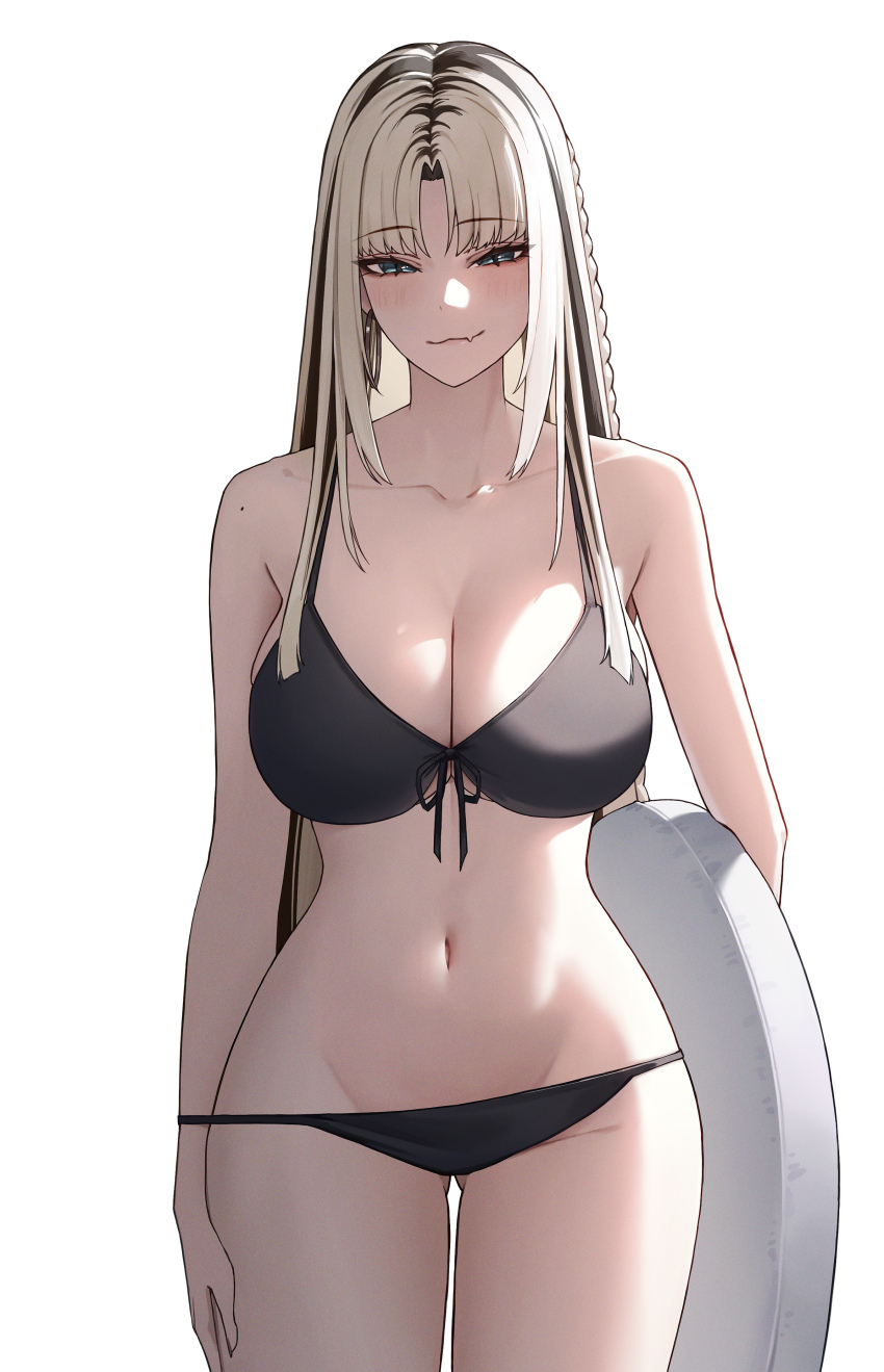 1girl, :3, absurdres, aqua_eyes, bikini, black_bikini, black_streaks, blonde_hair