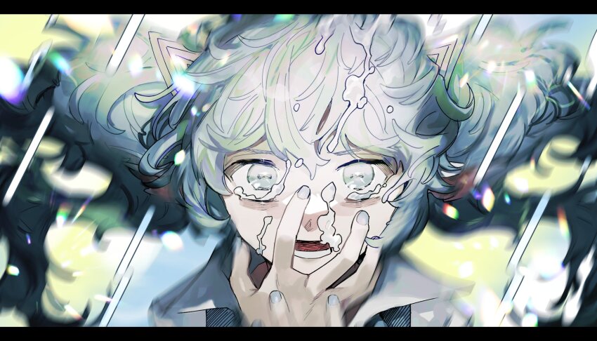 1girl, air_bubble, blue_eyes, blue_hair, blue_nails, blurry, blurry_background, bubble