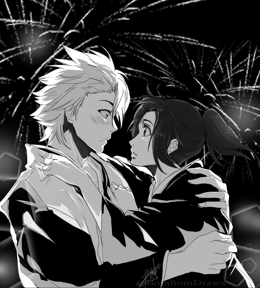 1boy, 1girl, bleach, bleach:_epilogue, blush, bombomdraws, commentary, english_commentary, eye_contact, fireworks, frown, greyscale, haori, hetero, hitsugaya_toushirou, hitsugaya_toushirou_(adult), japanese_clothes, kurosaki_karin, looking_at_another, monochrome, shihakusho, signature, taichou_haori