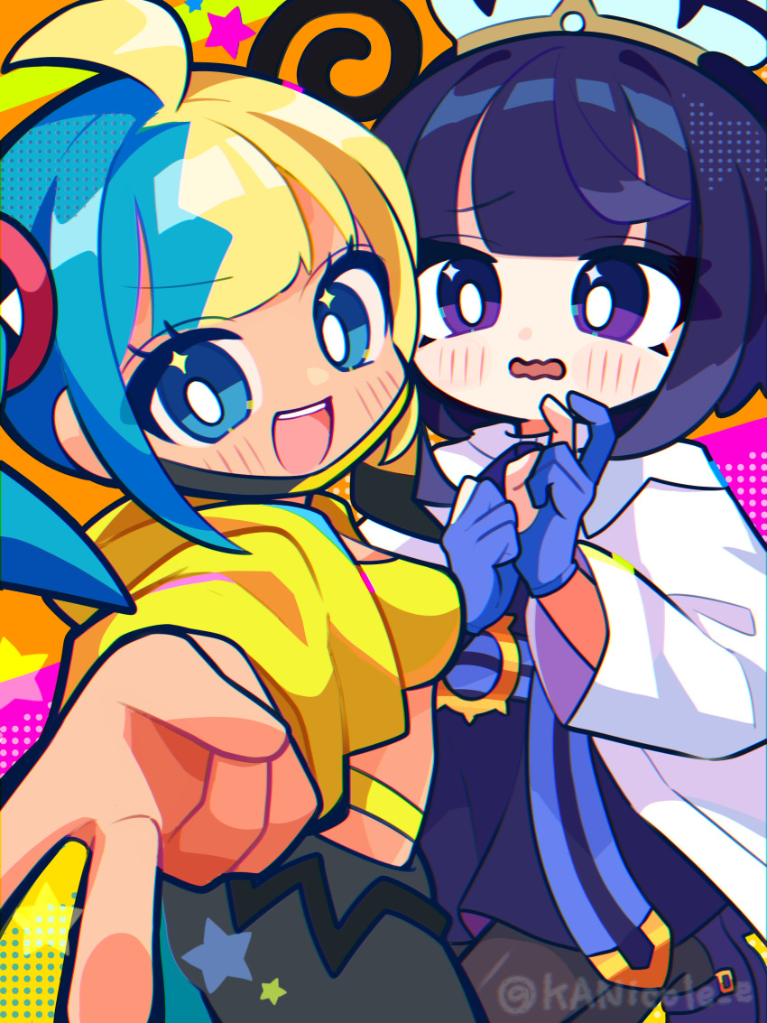 2girls, absurdres, canari_(pokemon), dark-skinned_female, dark_skin, gwynn_(pokemon), highres, multicolored_hair, multiple_girls, nikoru, nintendo, pokemon, pokemon_legends:_z-a, purple_eyes, purple_hair, two-tone_hair