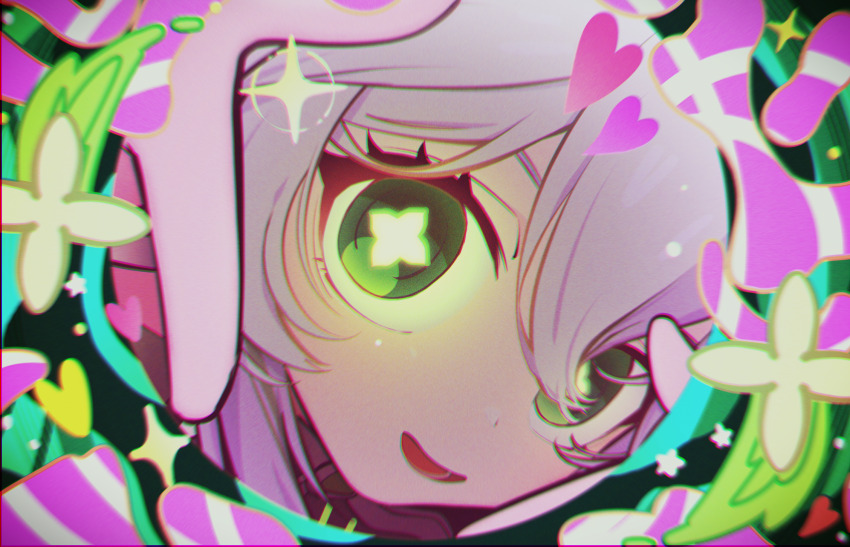 1girl, akaika_(aka), commentary_request, cross-shaped_pupils, genshin_impact, green_eyes, green_hair, hair_between_eyes