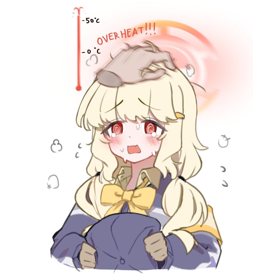 1girl, @_@, aoba_(blue_archive), armband, blonde_hair, blue_archive, blue_hat, blue_jacket, blush, bow, bowtie, brown_gloves, caffeinesonsari, collared_shirt, commentary_request, disembodied_hand, embarrassed, english_text, fluffy_hair, gloves, grey_shirt, halo, hat, highres, holding, holding_unworn_clothes, holding_unworn_hat, jacket, long_hair, long_sleeves, looking_at_viewer, low_twintails, newsboy_cap, open_mouth, orange_armband, orange_halo, peaked_cap, petting, red_eyes, shirt, solo_focus, sweatdrop, tearing_up, twintails, unworn_hat, unworn_headwear, white_background, yellow_armband, yellow_bow, yellow_bowtie