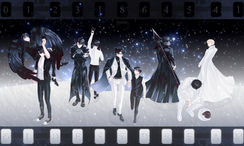 5boys, absurdres, astronaut, black_coat, black_jacket, black_shirt, black_vest, black_wings