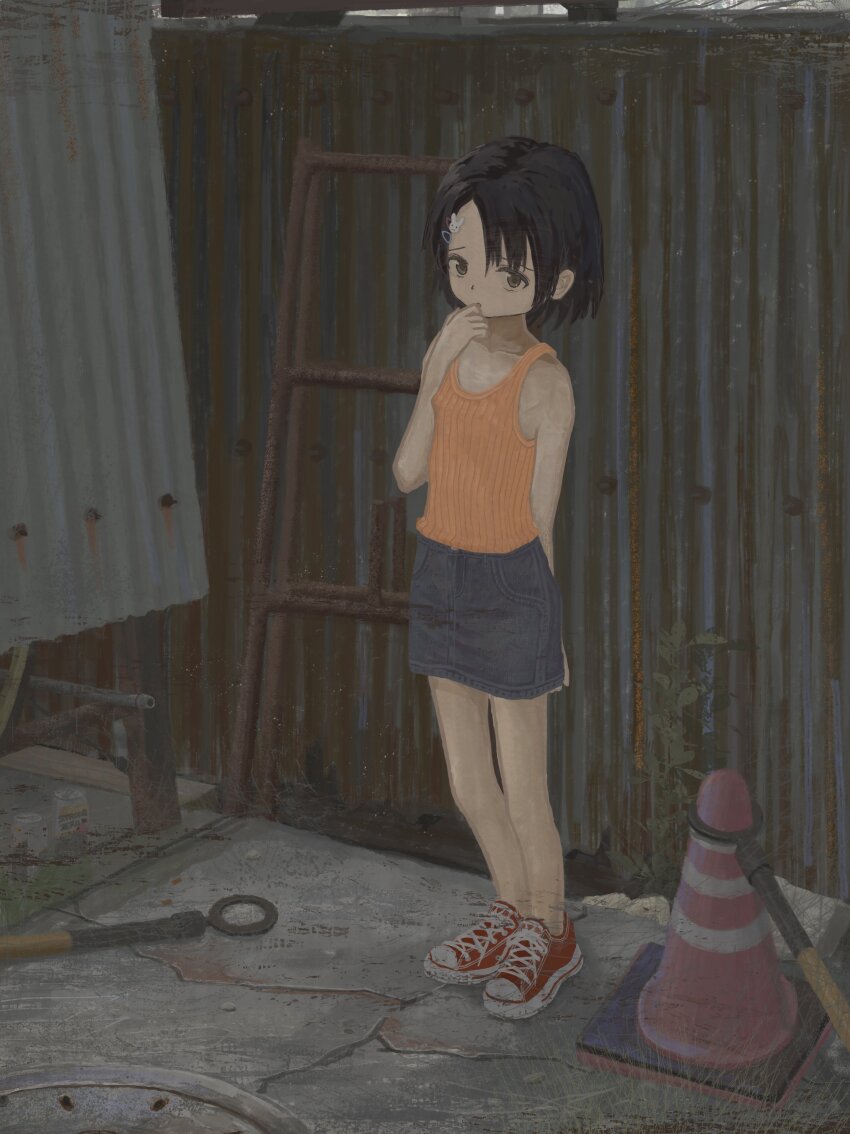 1girl, absurdres, black_hair, camisole, commentary_request, concrete, converse, full_body