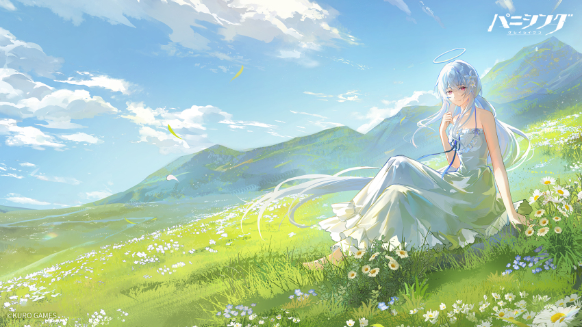 1girl, alternate_costume, bare_arms, blue_hair, blue_sky, closed_mouth, cloud, commentary_request, daisy_(flower), dress, field, floating_hair, flower, grass, hair_flower, hair_ornament, halo, highres, liv:_limpidity_(pgr), liv_(pgr), long_hair, looking_at_viewer, meadow, mountain, official_art, petals, punishing:_gray_raven, red_eyes, scenery, sitting, sky, smile, solo, very_long_hair, white_dress, white_flower, white_halo