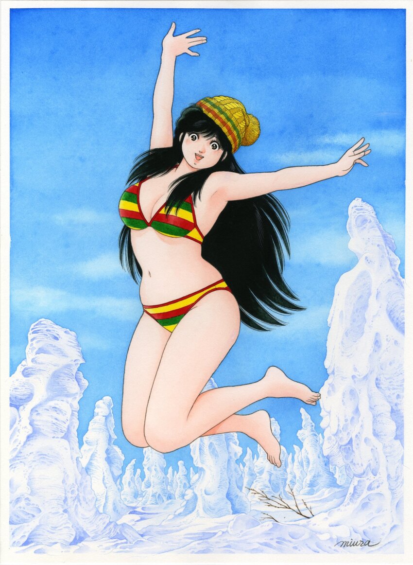 1girl, armpits, arms_up, artist_name, asaoka_natsumi, bare_legs, bare_tree, barefoot