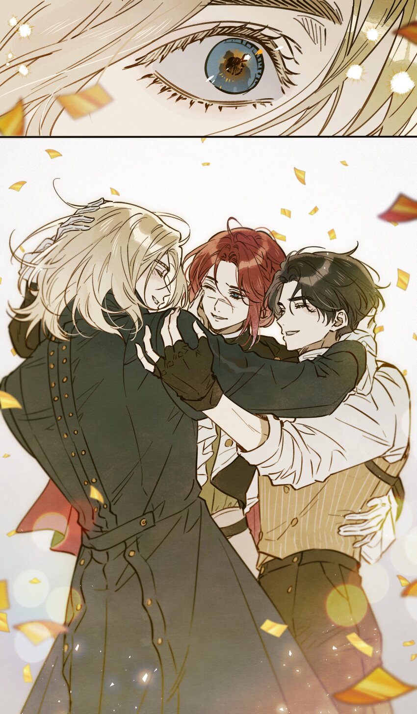 1girl, 2boys, absurdres, black_coat, black_hair, black_pants, blonde_hair, blue_eyes