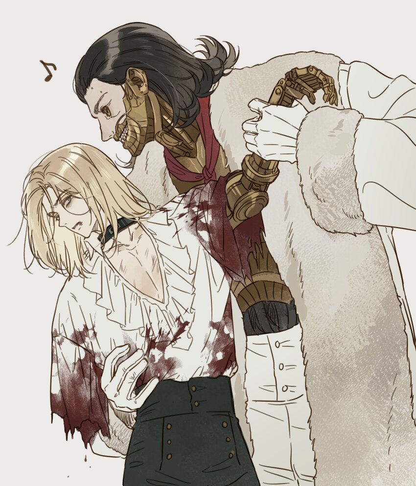 2boys, androgynous, arlecchino_the_blood_artist, black_collar, black_hair, blonde_hair, blood, blood_on_clothes