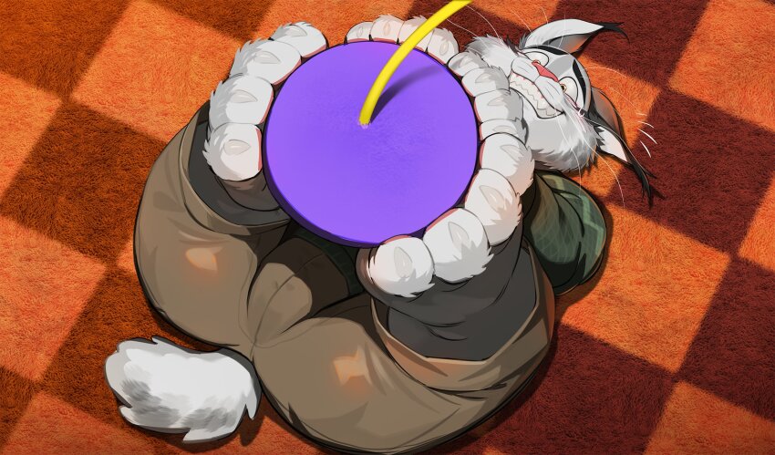 1boy, animal_ears, ball, barefoot, boogbogex, brown_pants, cat_boy, cat_ears