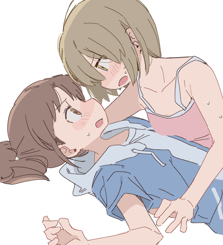 2girls, bare_arms, blue_hoodie, blush, brown_eyes, brown_hair, camisole, city_(arawi_keiichi)