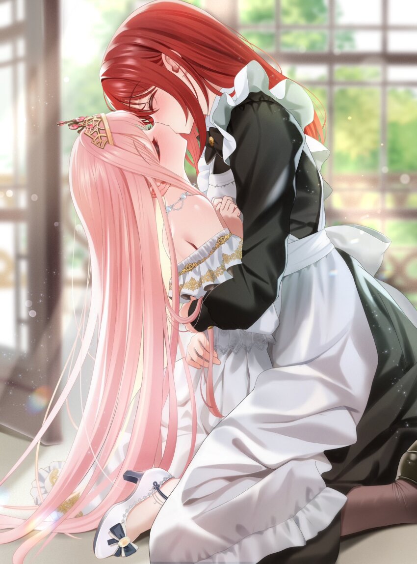 2girls, apron, bagel_sandica, berry_(shoujo_no_nozomanu_eiyuutan), black_dress, blush, closed_eyes, commentary_request, dress, high_heels, highres, hug, indoors, jewelry, kiss, krische, light_particles, long_hair, maid, maid_apron, multiple_girls, necklace, pink_hair, red_hair, shoes, shoujo_no_nozomanu_eiyuutan, tiara, white_apron, white_dress, white_shoes, window, yuri