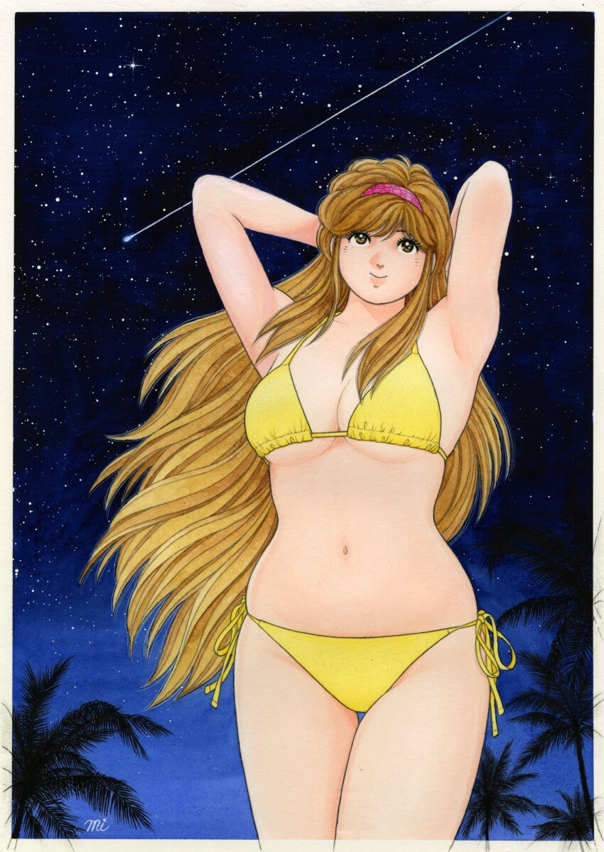 1girl, armpits, arms_behind_head, arms_up, asaoka_natsumi, bikini, border, breasts