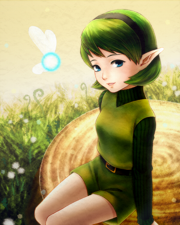 1girl, blue_eyes, ekuru_(pixiv618303), fairy, female_focus, green_hair, hairband, nintendo, pointy_ears, saria_(zelda), smile, solo, the_legend_of_zelda, the_legend_of_zelda:_ocarina_of_time