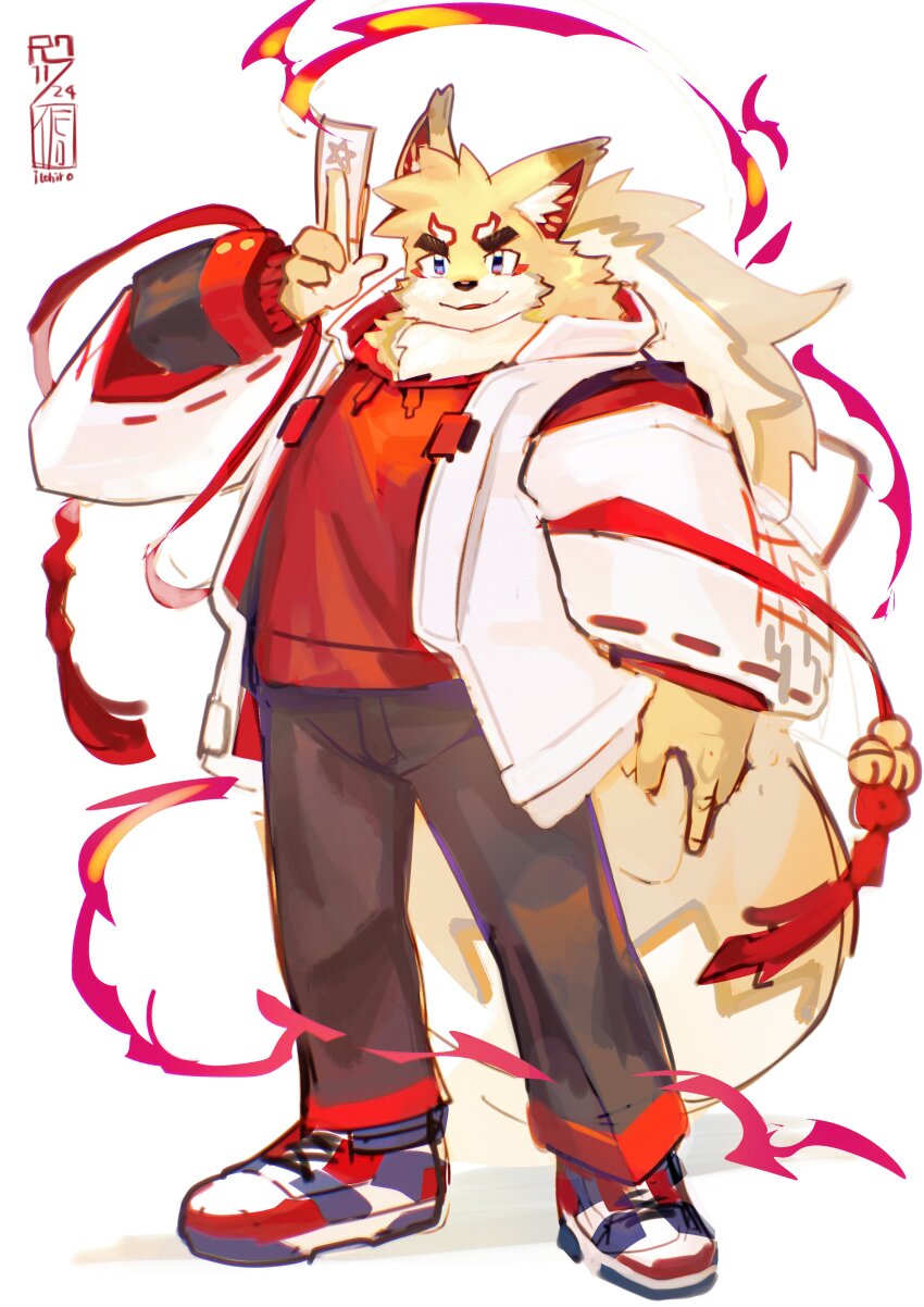 1boy, absurdres, animal_ears, brown_pants, commentary_request, dated, fire, fox_boy