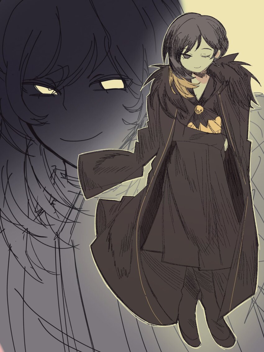 1girl, binah_(project_moon), black_boots, black_coat, black_hair, black_jacket, blonde_hair, boots