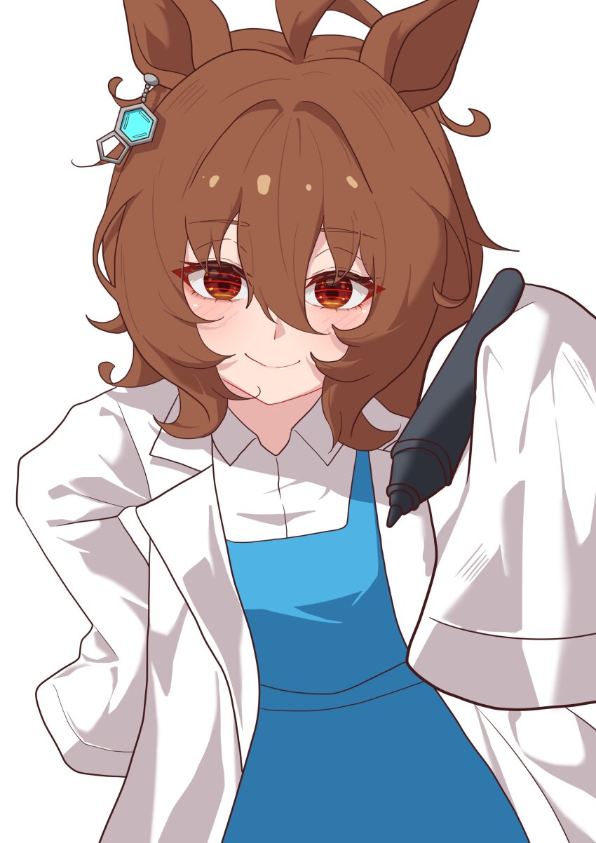 1girl, absurdres, agnes_tachyon_(umamusume), ahoge, animal_ears, brown_hair, dress, earrings