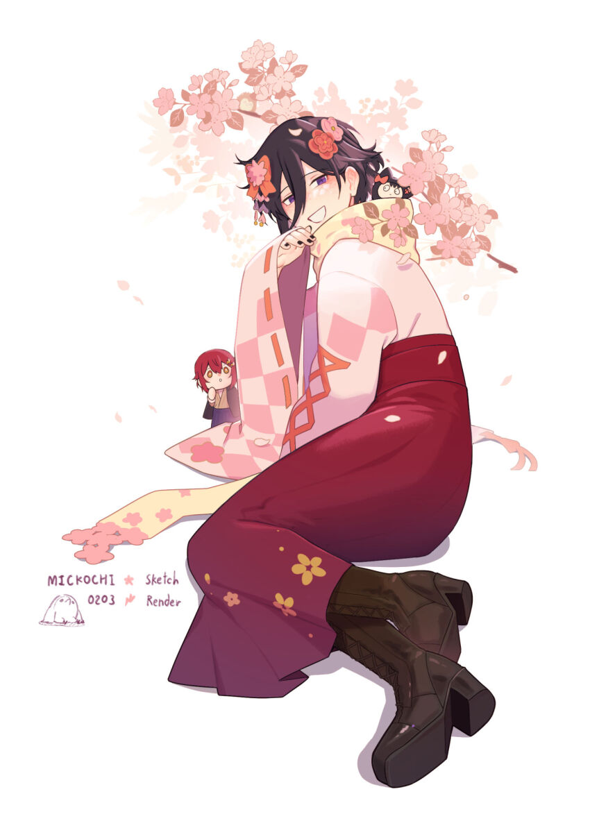 2boys, :d, androgynous, artist_collaboration, black_boots, black_hair, black_nails, block_heels