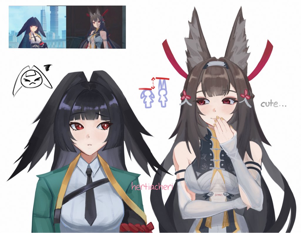2girls, alternate_species, animal_ear_fluff, animal_ears, aqua_jacket, arm_out_of_sleeve, artist_name, bare_shoulders, black_hair, black_necktie, breasts, brown_hair, china_dress, chinese_clothes, closed_mouth, clover, clover_hair_ornament, commentary, covering_own_mouth, dress, droopy_ears, english_commentary, english_text, fox_ears, fox_girl, game_screenshot_inset, hair_ornament, hairband, hertiacheri, hoshimi_miyabi, jacket, long_hair, looking_at_another, medium_breasts, multiple_girls, necktie, parted_lips, red_eyes, reference_inset, see-through_clothes, shirt, simple_background, upper_body, white_background, white_dress, white_hairband, white_shirt, ye_shunguang, zenless_zone_zero