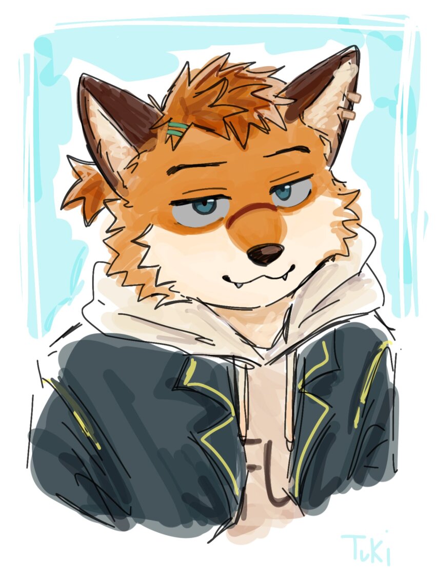 1boy, animal_ears, artist_name, black_suit, closed_mouth, earrings, fangs, fangs_out, formal_clothes, fox_boy, fox_ears, furry, furry_male, hair_ornament, hairclip, hashtag-only_commentary, highres, hood, hood_down, hoodie, jewelry, looking_at_viewer, male_focus, nam578707, ponytail, rutenix_(xxl), smile, suit, upper_body, white_hoodie, xxl_woofia