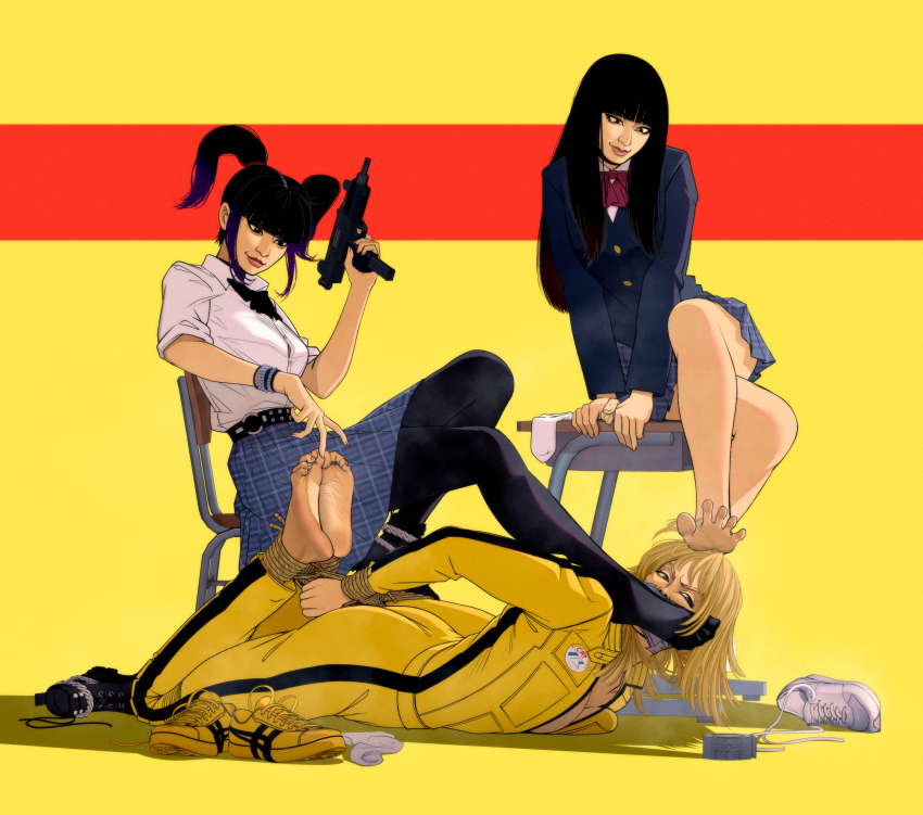 3girls, absurdres, bare_legs, barefoot, bdsm, beatrix_kiddo, black_hair, blonde_hair, bondage, bound, breasts, duct_tape, femdom, foot_on_another's_face, foot_on_another's_head, foot_worship, fortnite, gag, gun, highres, hogtie, improvised_gag, kill_bill, kusujinn, multiple_girls, shoes, smell, smelling, sneakers, socks, submachine_gun, tape, tape_gag, tickling, tickling_feet, twintails, unworn_shoes, unworn_socks, uzi, weapon, yuri, yuubari_gogo