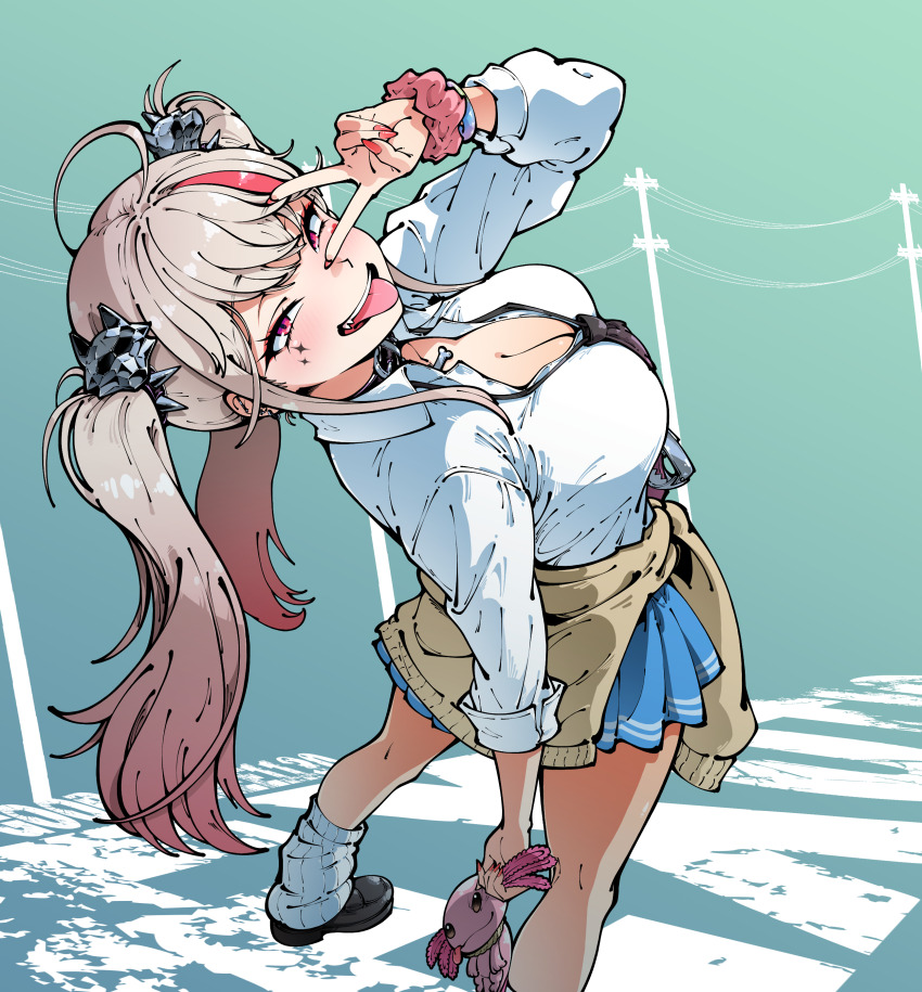 1girl, absurdres, animal_hair_ornament, belt_collar, bending_backward, blue_skirt, breasts, brown_hair