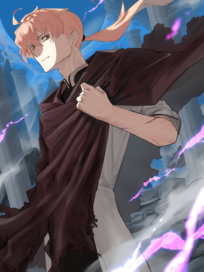 1boy, ahoge, brown_cloak, chaldea_no_mono, cloak, commentary_request, fate/grand_order, fate_(series)