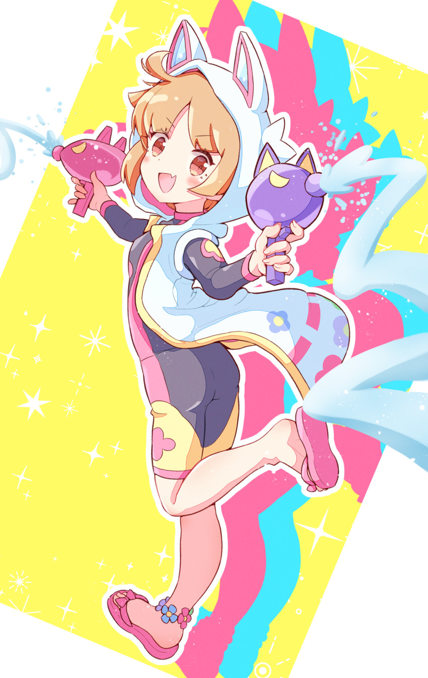 1girl, ahoge, animal_ear_hood, bodysuit, brown_eyes, brown_hair, cloak, coat, commentary_request, diving_suit, fake_animal_ears, fang, flower_anklet, highres, holding, holding_water_gun, hood, jazz_grace, looking_at_viewer, open_mouth, pink_sandals, projected_inset, puyopuyo, puyopuyo_quest, rebecca_(puyopuyo_quest), sandals, silhouette, skin_fang, sleeveless, sleeveless_coat, solo, sparkle, standing, standing_on_one_leg, toes, water, water_gun, wetsuit