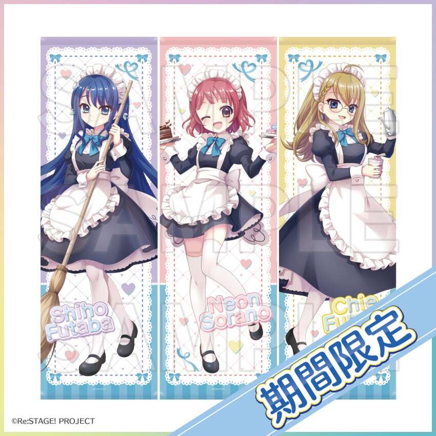 3girls, ;d, ahoge, alternate_costume, apron, archived_source, archouchou, black_dress