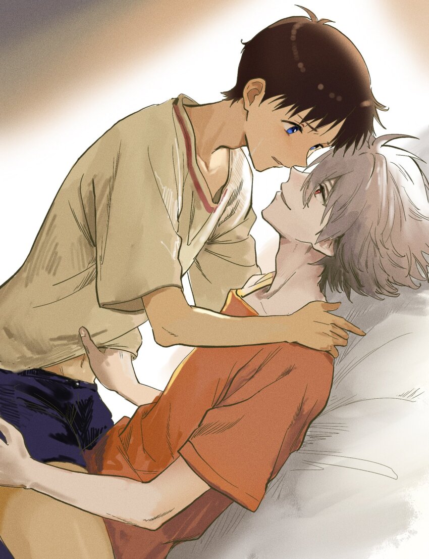 2boys, adam's_apple, blue_eyes, blue_shorts, blush, boy_on_top, brown_hair, brown_shirt