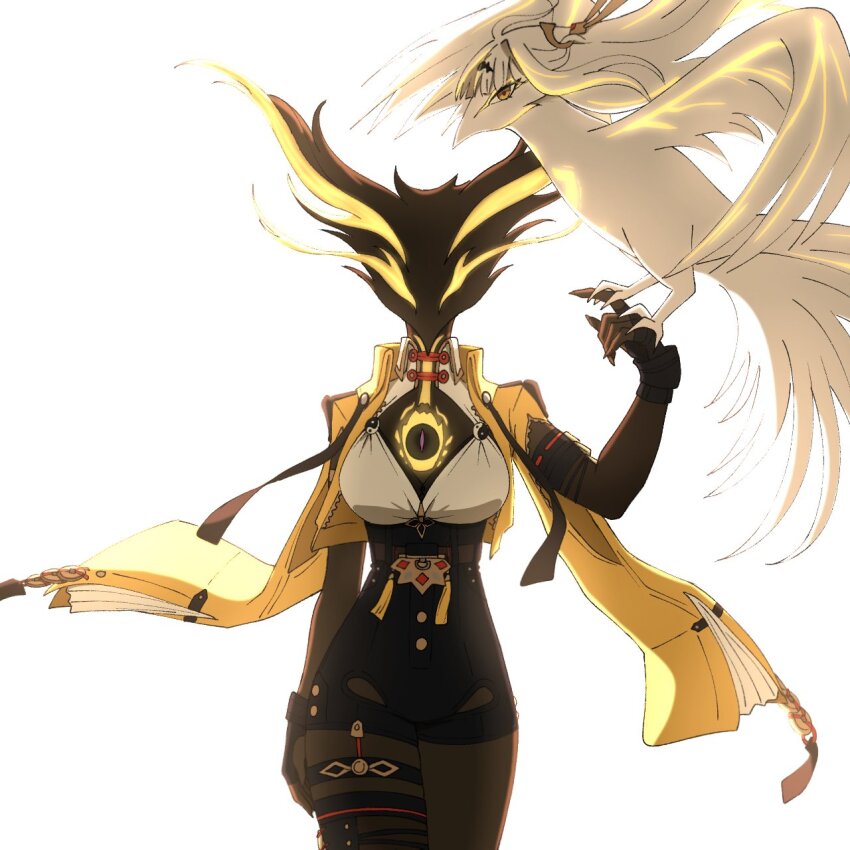 1girl, asymmetrical_gloves, bird, bird_on_hand, black_eyes, black_skin, black_thighhighs, black_unitard