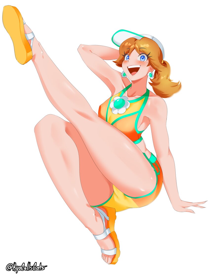 1girl, absurdres, arm_behind_head, artist_name, baseball_cap, blue_eyes, brown_hair, collarbone