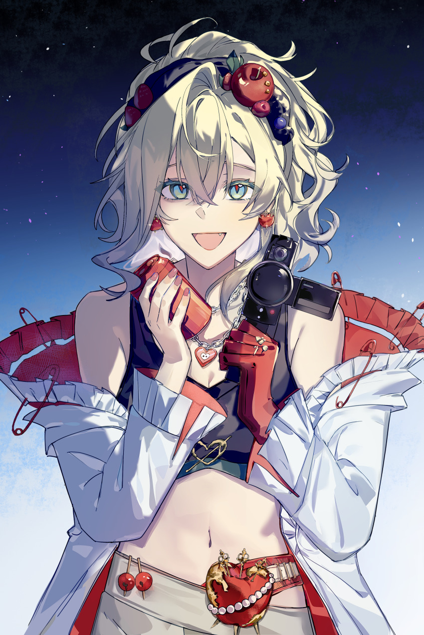 1girl, :d, absurdres, apple_earrings, apple_hair_ornament, bare_shoulders, bianca_(path_to_nowhere), black_hairband