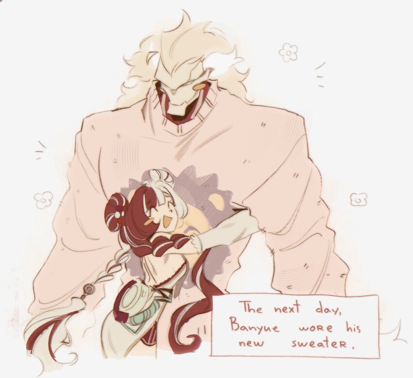 1boy, 1girl, alternate_costume, antique_phone, banyue_(zenless_zone_zero), bare_shoulders, black_hair, blush, braid, braided_twintails, cable, china_dress, chinese_clothes, closed_eyes, clothed_robot, detached_sleeves, dialyn_(zenless_zone_zero), double_bun, dress, english_text, floral_print, grey_background, grey_hair, hair_bun, hair_extensions, hair_ornament, hairclip, hashtag-only_commentary, highres, hug, humanoid_robot, long_hair, mechanical_hands, metal_skin, multicolored_hair, multicolored_nails, notice_lines, open_mouth, papertrlck, phone, pink_sweater, ring_hair_extensions, robot, robot_boy, rotary_phone, simple_background, split-color_hair, sweater, white_dress, white_hair, zenless_zone_zero