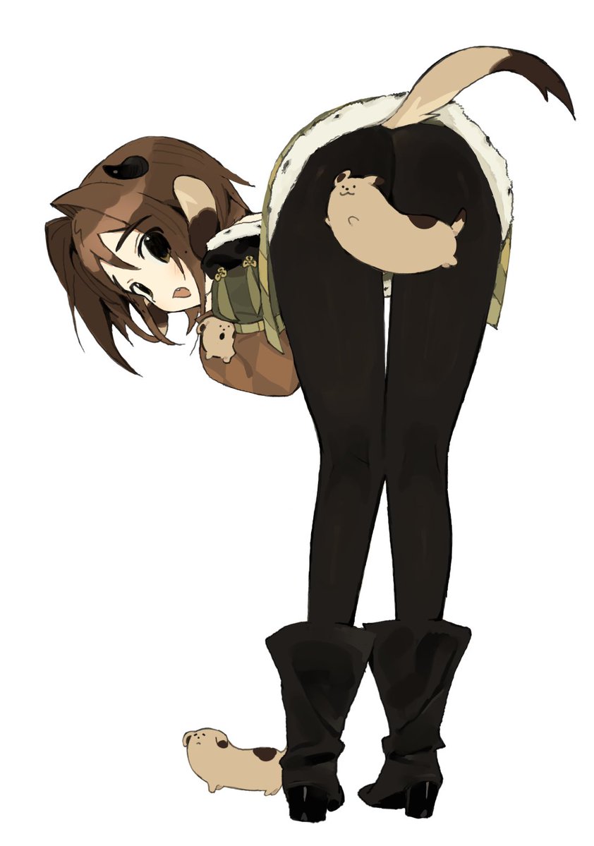 1girl, animal_ears, ass, bent_over, black_boots, black_pantyhose, boots, brown_eyes