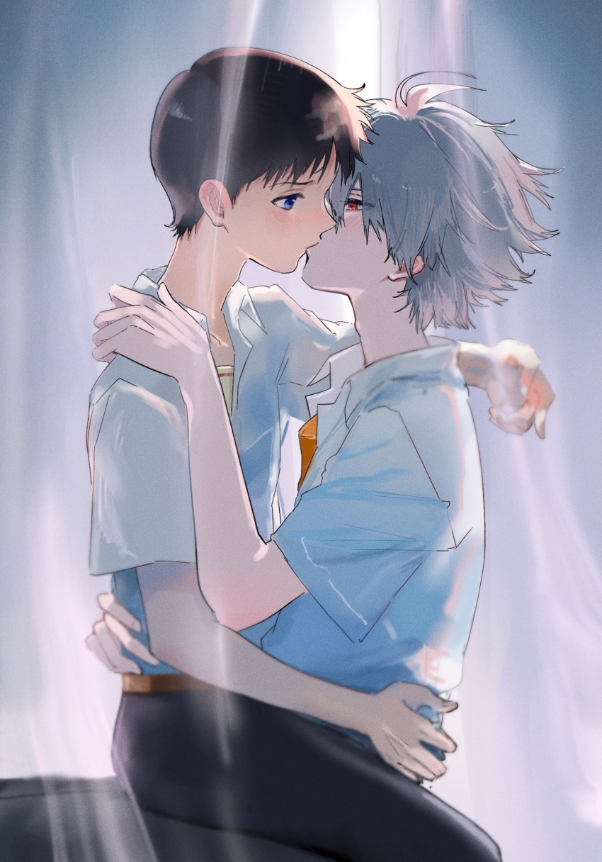 2boys, belt, black_pants, black_shirt, blue_eyes, blush, brown_belt, collared_shirt, commentary, eye_contact, french_kiss, from_side, grey_hair, highres, ikari_shinji, kiss, looking_at_another, male_focus, multiple_boys, nagisa_kaworu, neon_genesis_evangelion, orange_shirt, pants, red_eyes, school_uniform, shirt, short_sleeves, sitting, sitting_on_lap, sitting_on_person, soraaaa53, untranslatable_commentary, tokyo-3_middle_school_uniform, white_shirt, yaoi