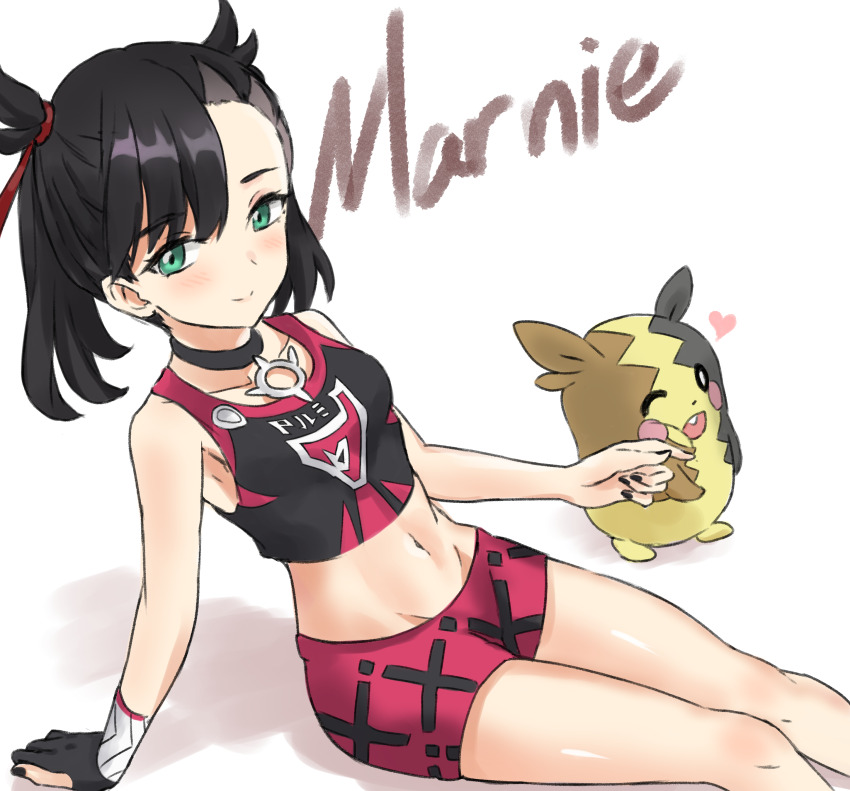 1girl, absurdres, asymmetrical_bangs, black_choker, black_hair, black_nails, breasts, character_name, choker, closed_mouth, collarbone, commentary, crop_top, dynamax_band, english_commentary, gen_8_pokemon, gloves, green_eyes, highres, jin_(7kijin), marnie_(pokemon), midriff, morpeko, morpeko_(full), navel, nintendo, pokemon, pokemon_(creature), pokemon_sword_and_shield, short_shorts, shorts, single_glove, sitting, small_breasts, smile, thighs, twintails, undercut