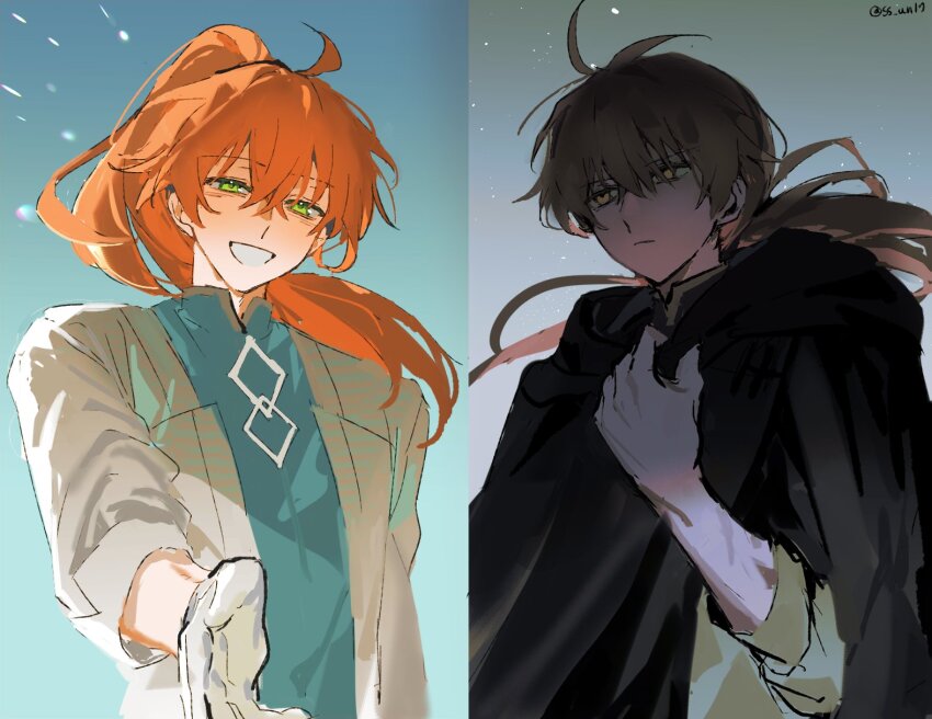 2boys, ahoge, arm_behind_back, black_cloak, blush, chaldea_logo, chaldea_no_mono, cloak