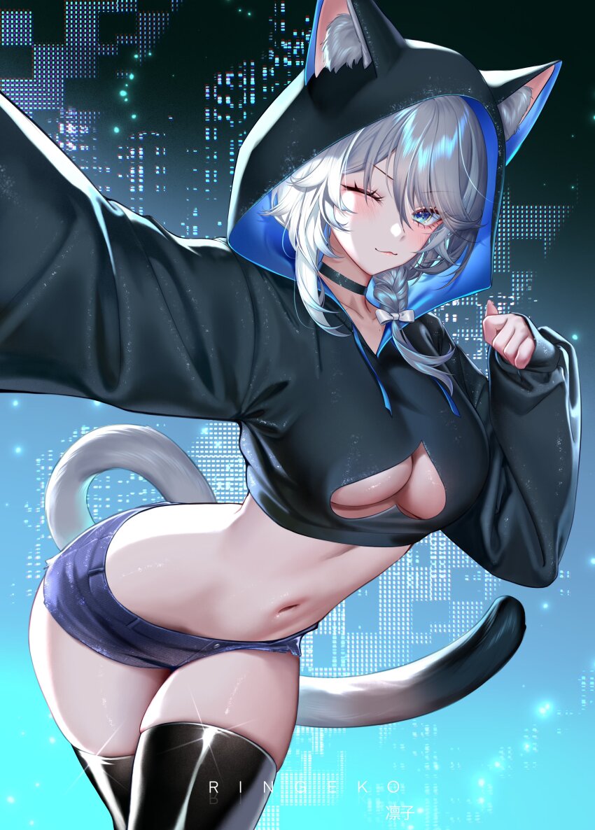 1girl, absurdres, alternate_costume, animal_ear_fluff, animal_ears, arm_up, artist_name, black_hoodie, black_thighhighs, blue_background, blue_eyes, blush, breasts, cat_ears, cat_girl, cat_tail, cipher_(honkai:_star_rail), cleavage_cutout, closed_mouth, clothing_cutout, commentary, cowboy_shot, ears_through_hood, fingernails, gradient_background, grey_hair, hand_up, highres, honkai:_star_rail, honkai_(series), hood, hood_up, hoodie, large_breasts, looking_at_viewer, medium_hair, navel, one_eye_closed, outstretched_arm, ringeko-chan, smile, solo, spade_cutout, stomach, tail, thighhighs, thighs