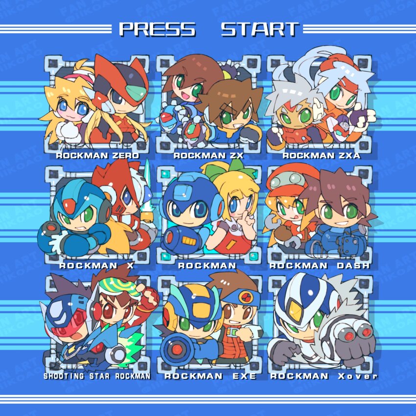 5girls, 6+boys, :d, :q, aile_(mega_man_zx), android, aqua_hair, arm_cannon