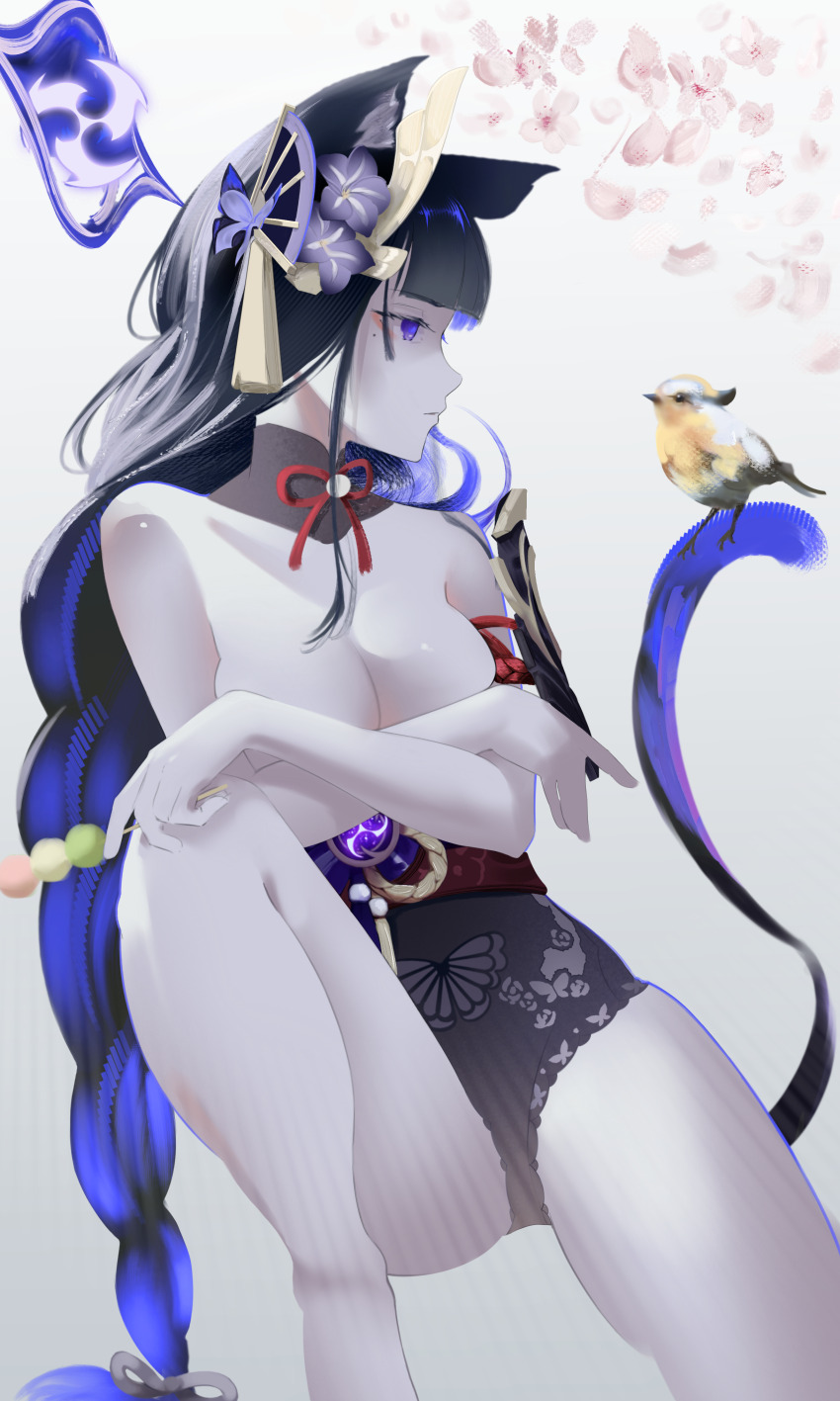 1girl, absurdres, animal_ears, armor, bird, bird_on_tail, blunt_bangs, blurry, braid, breasts, butterfly_hair_ornament, cat_ears, cat_girl, cat_tail, cherry_blossoms, cleavage, closed_mouth, commentary, covering_breasts, covering_privates, crossed_arms, dango, depth_of_field, detached_collar, electro_symbol_(genshin_impact), english_commentary, eyeliner, falling_petals, fan_hair_ornament, flower, flower_ornament, food, from_side, genshin_impact, glowing, grey_background, hair_ornament, highres, holding, holding_food, knee_up, large_breasts, leaning_to_the_side, lingerie, long_braid, looking_at_animal, looking_to_the_side, makeup, mole, mole_under_eye, neck_ribbon, nicksuslin, nude, petals, pink_petals, purple_eyes, purple_flower, purple_hair, raiden_shogun, red_eyeliner, red_ribbon, red_sash, ribbon, sash, shade, shoulder_armor, single_braid, sitting, solo, spread_legs, tail, thighhighs, underwear, undressing, wagashi