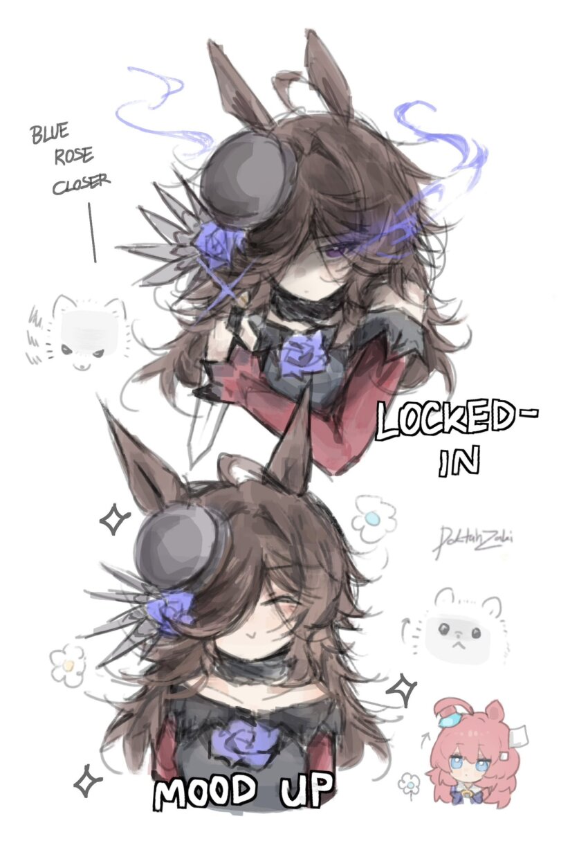 2girls, animal_ears, black_dress, black_hair, black_hat, blue_eyes, blush, bow